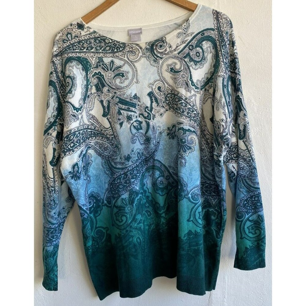 Chico's Knit Top Paisley 2/Large Blue Green 3/4 Sleeve Stretch Cashmere Blend